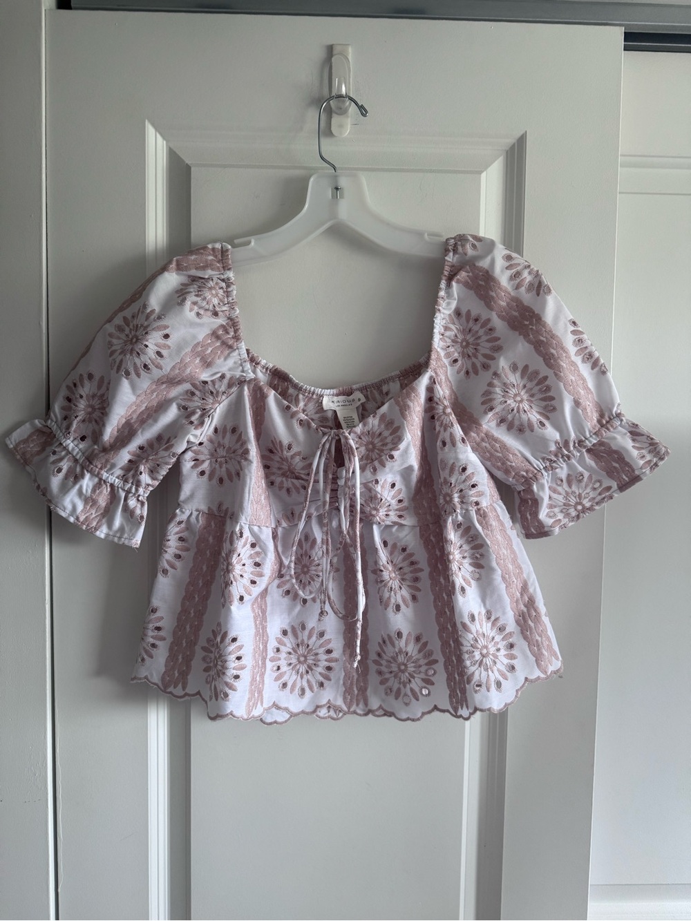 Women’s White Eyelet Peasant Crop Top with Dusty Pink Embroidery